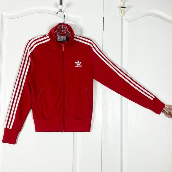 NWT ADIDAS Track Jacket UK 8/US 4 Red Firebird White 3-Stripe Logo Zip Cotton - Picture 2 of 11